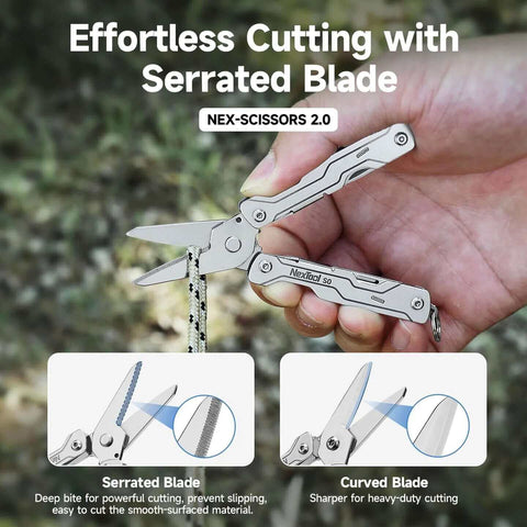Hand holding 8 In 1 Mini Keychain Multitool With Serrated Scissors, File, Tweezers, Screwdrivers And Bottle Opener, Lightweight EDC Tool.