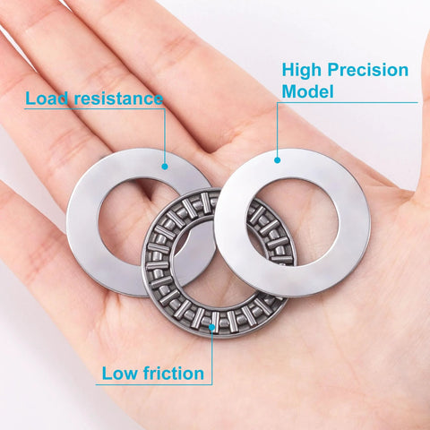 Six Set AXK2035 Needle Roller Bearings With Two AS Washers For Mower, Lawn Tractor, And Automotive Use, 35mm, 20mm, 4mm displayed in hand