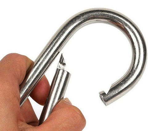 Close-up of Five And A Half Inch Heavy Duty Stainless Steel Carabiner Clip With Spring Snap Hook, easy to open, 600 lb load capacity