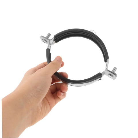 Hand holding a Three Piece Pipe Fitting Movable Bracket Clamp Kit for Water Pipes Wall and Ceiling Mount Emergency Repair, metal and rubber clamp.