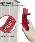Hand holding red Edge Rasp tool from Drywall Panel Lifter, Door Hanging Tool, Multifunctional Drywall Installation Tool, Edge Rasp, Bottle Opener designed for smooth motion and stable alignment in automation and mechanical systems