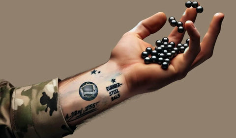 Arm holding 50 x Premium Quality Hard Mix Rubber Steel Balls 2.7 Grams Heavy Reusable Projectiles Paintballs Reballs Powerballs for Training Home Defense Pistols in 50 Caliber (S-Type)