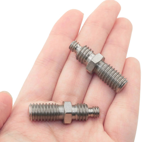 Hand holding One Quarter To Three Eighths Inch Tripod Screw Adapter Set For Camera Accessories, iron conversion screws, dual threads
