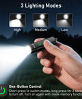 Hand holding Rechargeable EDC Flashlight With USB C Port, 360 Lumen Mini Keychain Light, showing three modes in use.