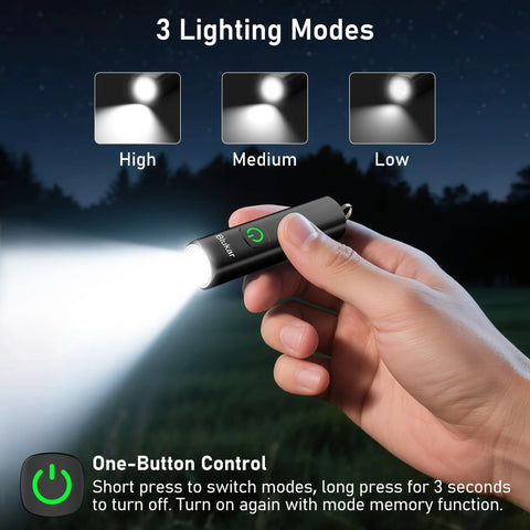 Hand holding Rechargeable EDC Flashlight With USB C Port, 360 Lumen Mini Keychain Light, showing three modes in use.