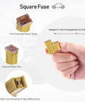Hand holding a yellow 60A square automotive fuse with printed amperage for the 250 Piece US Grade Automotive Fuse Kit With Standard And Mini Blade Fuses.
