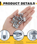 Hand holding 50 Pack Jack Nuts 1/4-20 Threaded Inserts Petal Nuts And Blind Fasteners For Plastic And Metal Projects Zinc Plated Steel