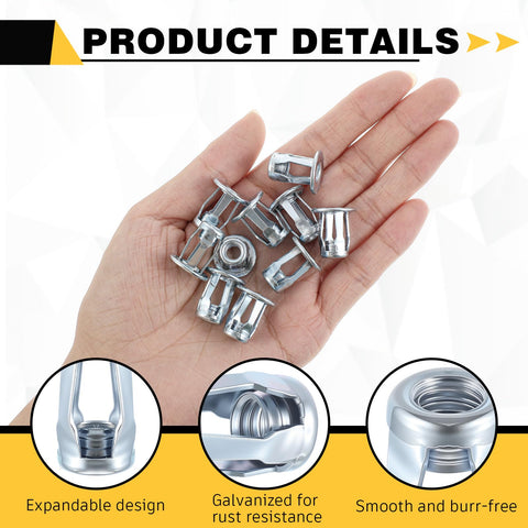 Hand holding 50 Pack Jack Nuts 1/4-20 Threaded Inserts Petal Nuts And Blind Fasteners For Plastic And Metal Projects Zinc Plated Steel