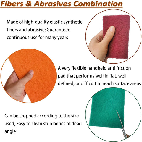 Assorted 6 X 9 Inch Hand Pads Coarse To Superfine For Grills And Garden Tools - red, orange, and green scouring pads held by hand