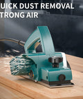 Effortless stock removal and precise edge chamfering from a 3.8 Amp handheld planer on wood surface, side view.