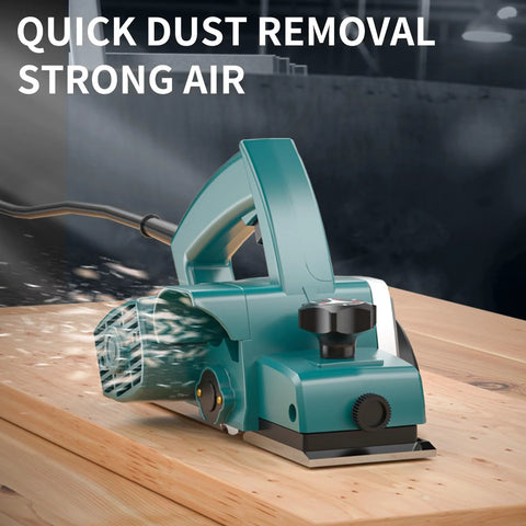Effortless stock removal and precise edge chamfering from a 3.8 Amp handheld planer on wood surface, side view.