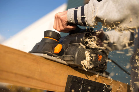 Powerful 8-Amp hand planer delivers smooth, precise cuts with a 4-3/8 inch cutterhead, 32,000 CPM, and depth adjustment from 0 to 1/8 inch, plus dual dust ports for a cleaner workspace while flattening boards and trimming doors.