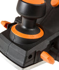 Close-up of controls on efficient 3-1/4 inch hand planer with a 6 Amp motor, designed for fast, precise planing on various surfaces.