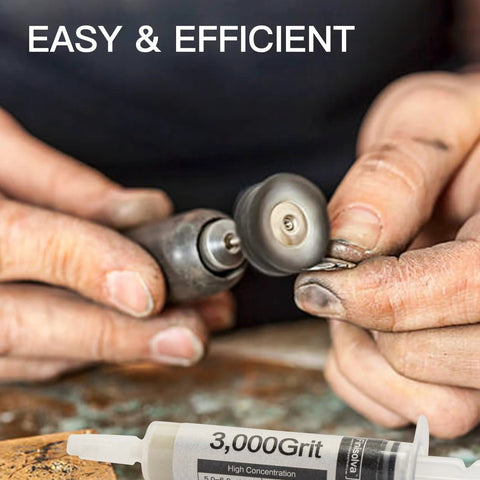 Efficient 8 pack diamond polishing paste kit 3,000 grit syringe in use on metal surface, oil-based hand or machine polishing