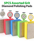 Hand Polishing Pads Set Of 5 Grits 60 120 240 400 1000 For Tile And Glass in assorted colors, displaying different grit textures.