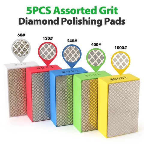 Hand Polishing Pads Set Of 5 Grits 60 120 240 400 1000 For Tile And Glass in assorted colors, displaying different grit textures.