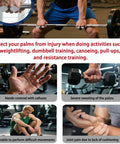 Man lifting barbell with text about palm protection for gym activities and images of hand issues during workouts.