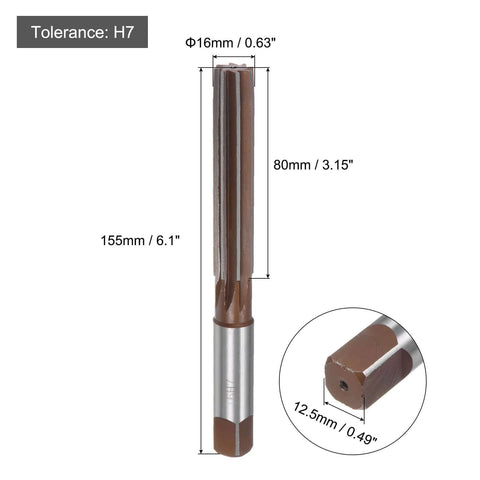 Hand Reamer 16mm H7 for metal and wood holes, 9SiCr alloy steel cutting tool with straight flutes and square shank, dimensions shown.