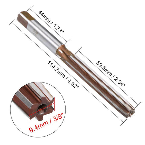 Pro Grade 3/8 Inch Hand Reamer in High Speed Steel H7 Tolerance, Six Straight Flutes, metalworking tool with dimensions.
