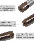 Close-up of 9 Piece Hand Reamer Set For Metal And Wood, H8 Tolerance, showing straight flutes and 9SiCr alloy steel material details.