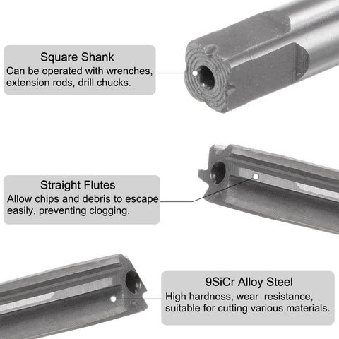 Close-up view of 9-Piece Hand Reamer Set For Metal And Wood 2mm To 10mm H8 Tolerance With Straight Flutes Alloy Steel Cutting Tools