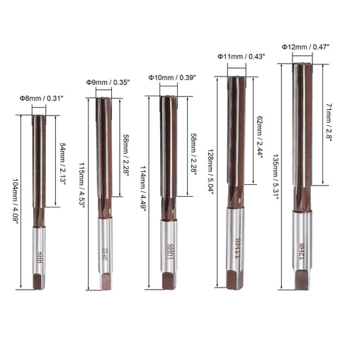 Hand Reamers Set H8 Accuracy Alloy Tool Steel 6 Flutes Straight Shank Milling Cutter Tool 10pcs displayed with size dimensions