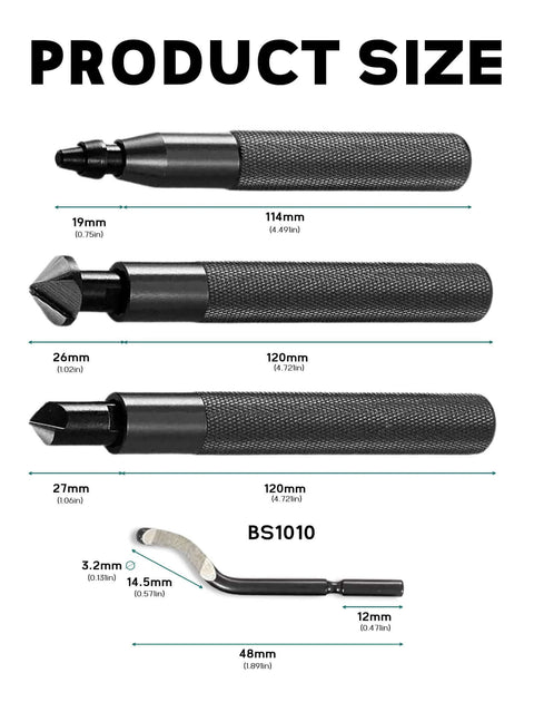 Image showing product sizes for Two Submerged Hand Reamers Deburring Tool Set With Ten Spare BS1010 Type Blades.