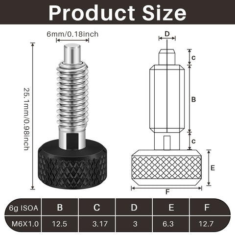 Dimensions and diagram of Hand Retractable Spring Plunger With Knurled Handle M6 Quick Release Pins 0.500 Inch Thread Length