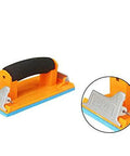 9x3.6 inch hand sander from 24 Sheet Sandpaper Variety Pack 120 To 3000 Grits with close-up of attachment mechanism