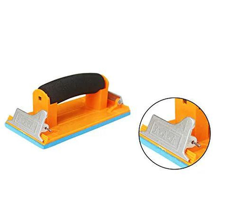 9x3.6 inch hand sander from 24 Sheet Sandpaper Variety Pack 120 To 3000 Grits with close-up of attachment mechanism