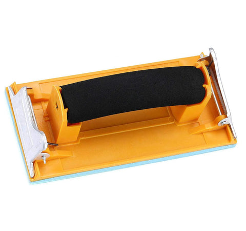 Hand sander from 24 Sheet Sandpaper Variety Pack 120 To 3000 Grits With Hand Sander 9x3.6 Inch, featuring a yellow handle and bottom grip.