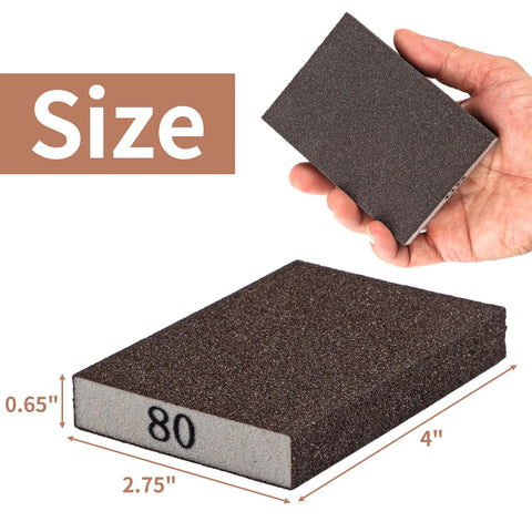 Hand holding an 80 grit sanding block from Eight Pack Hand Sanding Block Set Grits 60 80 120 220 For Wood Metal Drywall with dimensions shown