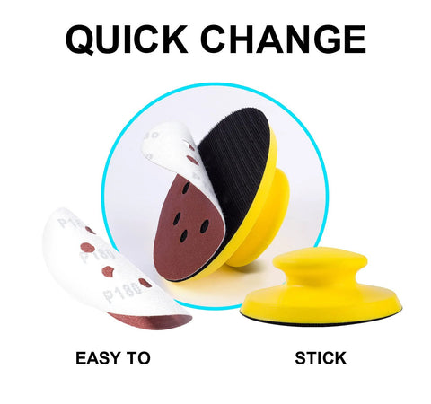 2 Pack 5 Inch Hook And Loop Hand Sanding Block Set with yellow round block and sanding discs "Easy to Stick" feature