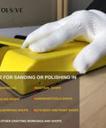 7 Piece Hand Sanding Block Set With Interchangeable Pads For Auto Body Polishing, yellow block in use on wood surface