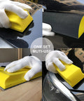 7 Piece Hand Sanding Block Set With Interchangeable Pads For Auto Body Polishing, yellow sanding block in various uses