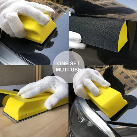 7 Piece Hand Sanding Block Set With Interchangeable Pads For Auto Body Polishing, yellow sanding block in various uses