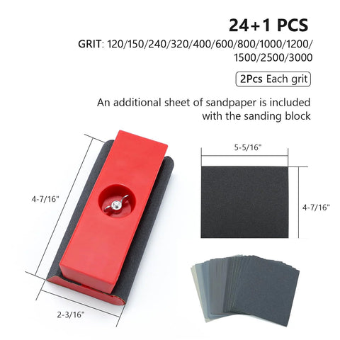 Hand Sanding Blocks Set For Auto Body And Woodworking 25 Pcs Grit 120 To 3000 with red block and sandpaper sheets