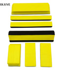 7 Piece Hand Sanding Block Set With Interchangeable Pads for auto body polishing, featuring yellow blocks in multiple sizes.