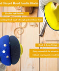 Person holding round hand sanding block with hook and loop design, part of 5 Inch Hook And Loop Sanding Discs Set 50 Pcs For Wet Dry Polishing.
