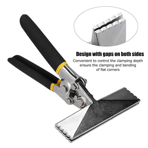Hand Seamer and Sheet Metal Bender Tool With Non Slip Grip Handle, showing adjustable clamping depth and metal edge detail for precise bends.