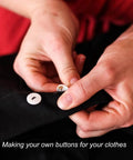 Person sewing a button on clothing using 4 Pack Round Button Silicone Molds TuNan Set for Resin Casting in 7 Sizes 10mm to 30mm