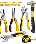 Close-up of various tools from the 390-Piece Hand Tool Kits for Home, featuring pliers, hammer, and tape measure, with yellow accents.