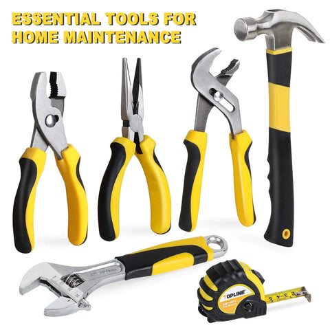 Close-up of various tools from the 390-Piece Hand Tool Kits for Home, featuring pliers, hammer, and tape measure, with yellow accents.