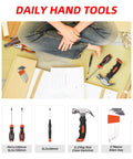 Person assembling furniture using 15-Piece Household Tool Kit with hammer, pliers, screwdriver set, and toolbox storage case.