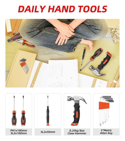 Person assembling furniture using 15-Piece Household Tool Kit with hammer, pliers, screwdriver set, and toolbox storage case.