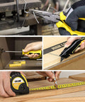 Collage of 390-Piece Hand Tool Kits for Home usage, showing pliers, screwdriver, tape measure, and utility knife in action for maintenance.