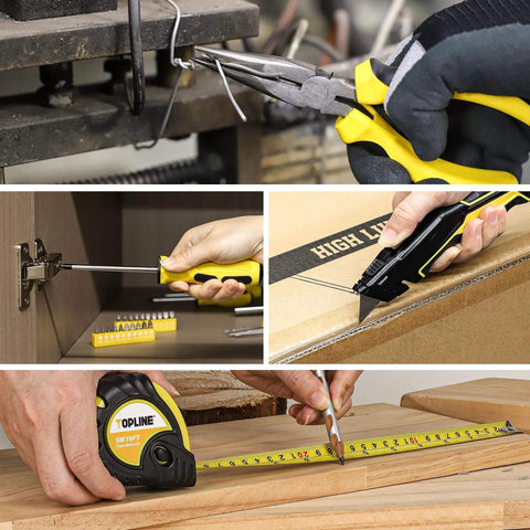 Collage of 390-Piece Hand Tool Kits for Home usage, showing pliers, screwdriver, tape measure, and utility knife in action for maintenance.