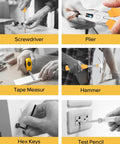 Image showing tools from the 24 Piece Home DIY Tool Kit With Storage Case For Household Office And Garage Built For Do It Yourselfers Handy Men And Women Quick Fixes Basic Repairs And Everyday Projects: screwdriver, plier, tape measure, hammer, hex keys, test pencil.