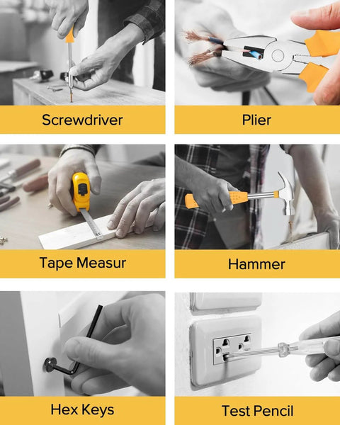Image showing tools from the 24 Piece Home DIY Tool Kit With Storage Case For Household Office And Garage Built For Do It Yourselfers Handy Men And Women Quick Fixes Basic Repairs And Everyday Projects: screwdriver, plier, tape measure, hammer, hex keys, test pencil.
