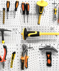 Assorted tools including screwdrivers, pliers, and hammers on a pegboard display; not related to ☦️ 278-Pack Utility Cart Steel Frame product.